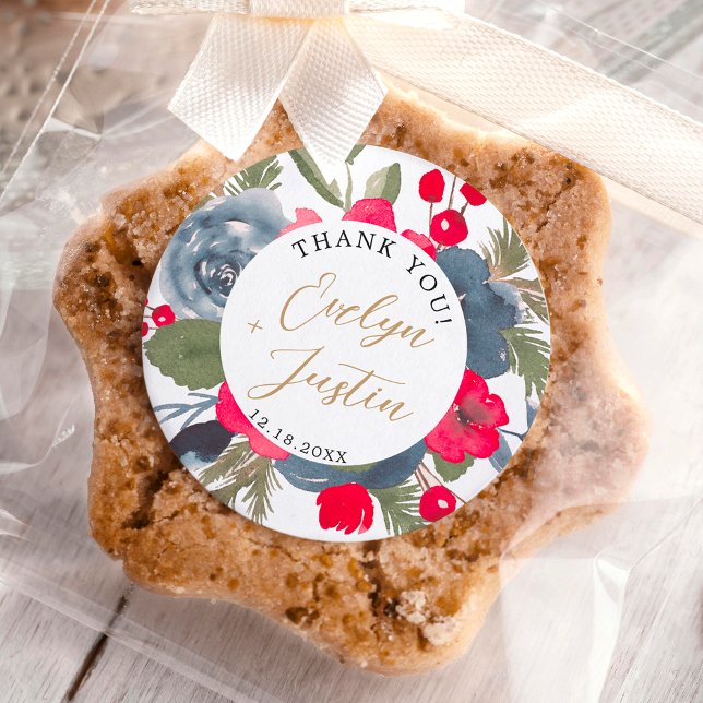Adesivo Rustic Elegant Winter Floral red obrigado você (Rustic Elegant Winter Floral red green thank you Classic Round Sticker)