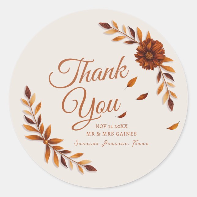 Adesivo Rustic Fall Leaves Beige Wedding Thank You (Frente)