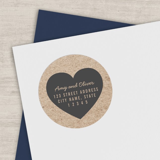 Adesivo Rustic Faux Kraft Cinza Heart Casal Return Address (Criador carregado)