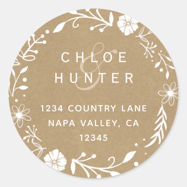Adesivo Rustic Floral Wreath Faux Kraft Endereço de devolu (Frente)