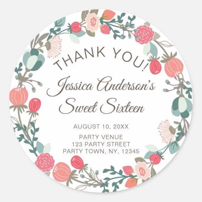 Adesivo Rustic Flowers Wreath 16 Doce Obrigado (Frente)