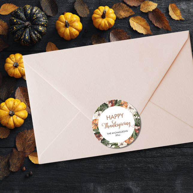 Adesivo Rustic Happy Graças Pumpkin (Rustic Happy Thanksgiving Pumpkin Classic Round Sticker
)