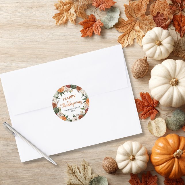 Adesivo Rustic Happy Graças Pumpkin (Rustic Happy Thanksgiving Pumpkin Classic Round Sticker)