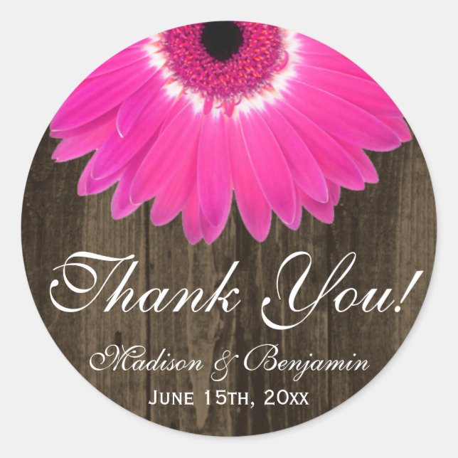 Adesivo Rustic Hot Pink Daisy Weding Obrigado Sticker (Frente)
