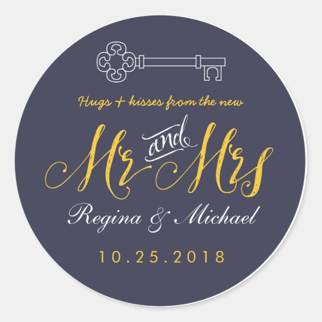 Adesivo Rustic Key Script Sr. e Sra. Wedding Favor Sticker (Frente)