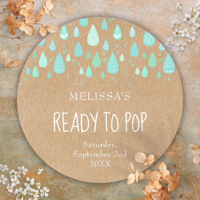 Adesivo Rustic Kraft Verde Menta Gotículas de Chuva Pronta (Rustic Kraft Mint Green Raindrops Ready to Pop Classic Round Sticker)