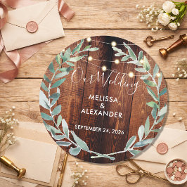 Adesivo Rustic leaves on wood string lights wedding