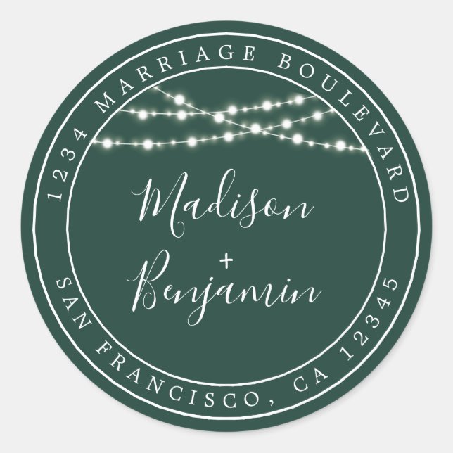 Adesivo Rustic Lights Dark Green Wedding Endereço de Devol (Frente)