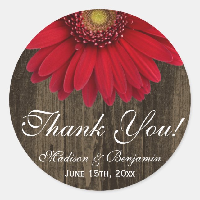 Adesivo Rustic Red Gerber Daisy Weding Obrigado Sticker (Frente)