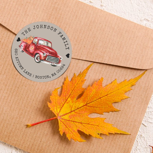 Adesivo Rustic Red Truck Pumpkins Endereço de Devolução (Red Truck Pumpkins Return Address Classic Round Sticker)