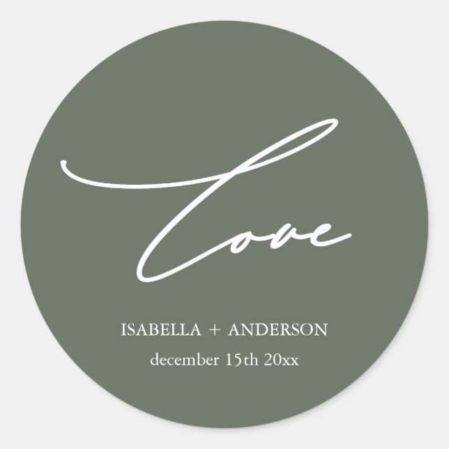 Adesivo Rustic Sage Green Love Script com Nome Wedding (Frente)