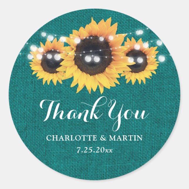 Adesivo Rustic Teal Burlap Sunflower Weding Favor (Frente)
