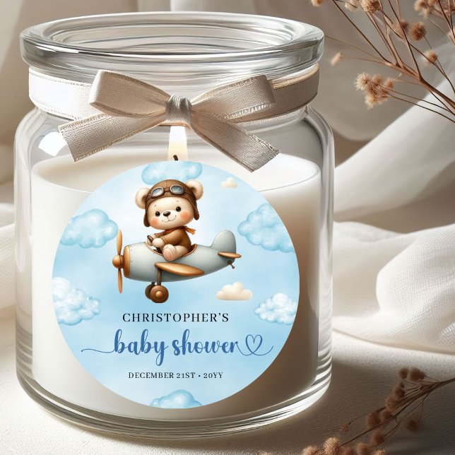 Adesivo Rustic Teddy Bear Aviator Blue Brown Boy Baby Show (Rustic Teddy Bear Aviator Blue Brown Boy Baby Shower Sticker

)