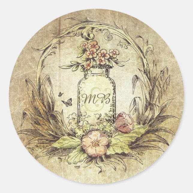 Adesivo Rustic Vintage Floral Mason Jar Wedding (Frente)