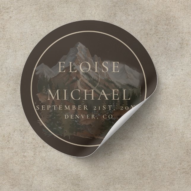 Adesivo Rustic Watercolor Mountain Landscape Wedding (Rustic Watercolor Mountain Landscape Wedding Classic Round Sticker)