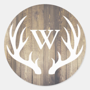 Adesivo Rustic White Deer Antlers Barn Wood   Monogram