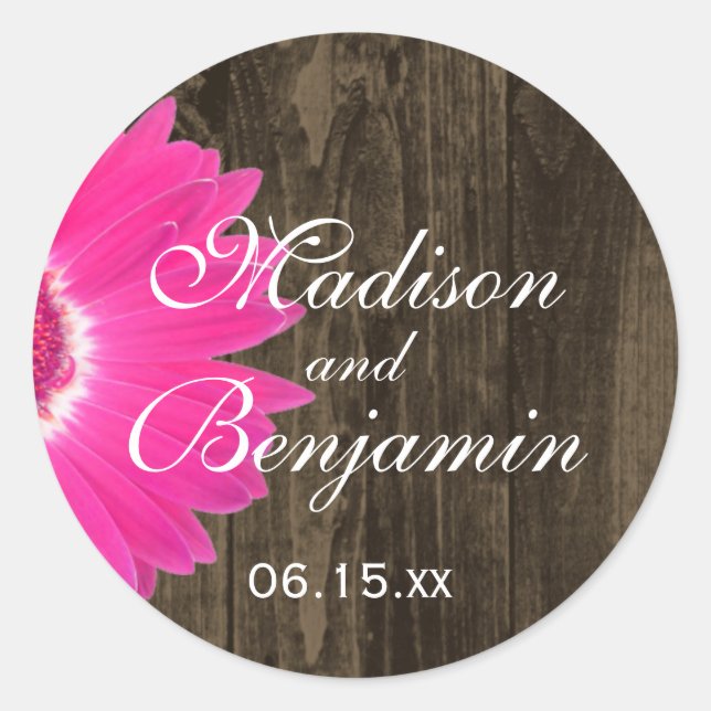 Adesivo Rustic Wood Hot Pink Daisy Weding Favor Stickers (Frente)