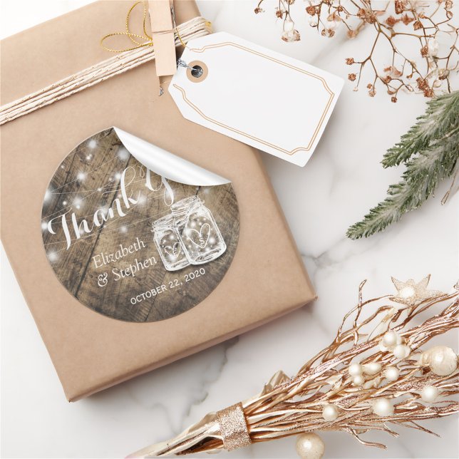 Adesivo Rustic Wood Mason Jar Lamp Casamento Favor Obrigad (Criador carregado)