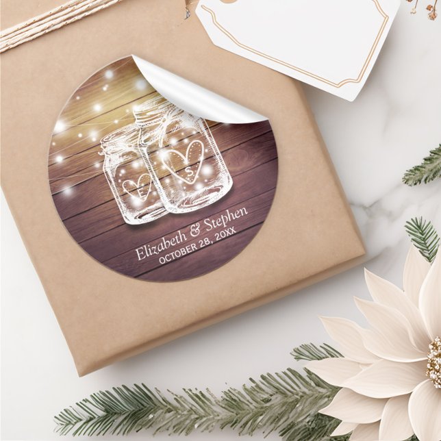 Adesivo Rustic Wood Mason Jar String Luzes Favor de Casame (Criador carregado)