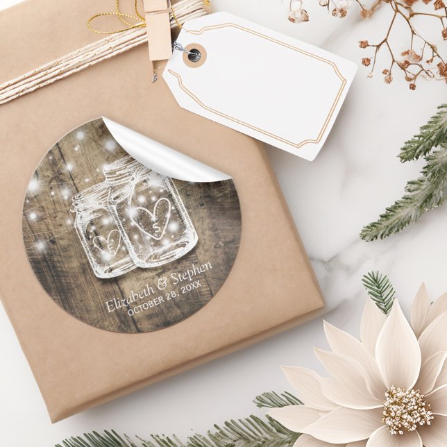 Adesivo Rustic Wood Mason Jar String Luzes Favor de Casame (Criador carregado)