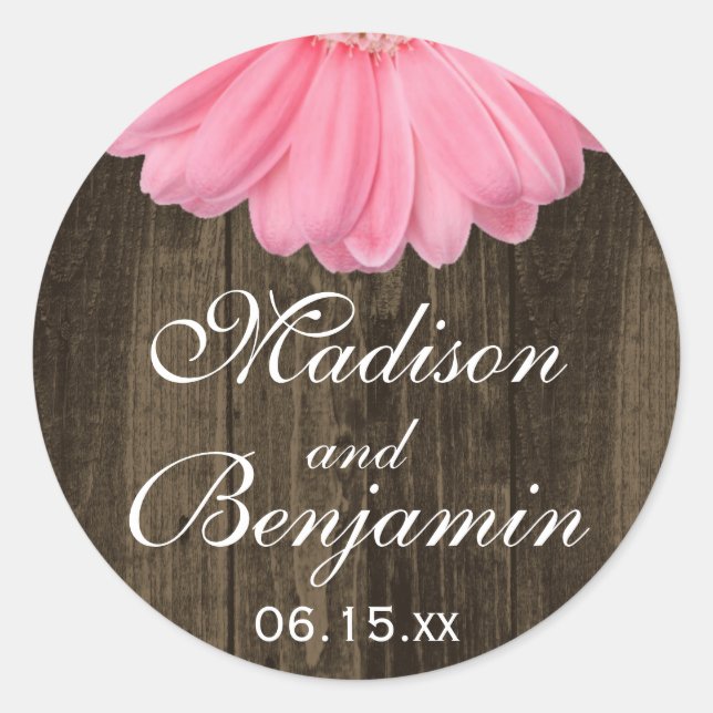 Adesivo Rustic Wood Pink Daisy Weding Favor Stickers (Frente)