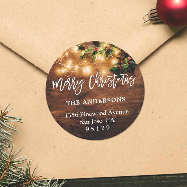 Adesivo Rustic Wood String Lights Holiday Endereço de Devo (Criador carregado)