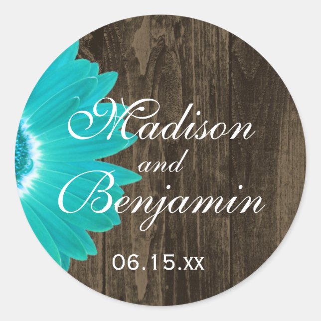 Adesivo Rustic Wood Teal Daisy Weding Favor Stickers (Frente)