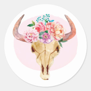 Adesivo Rústico Boêmio Crânio de Vaca Aquarela Floral Rosa