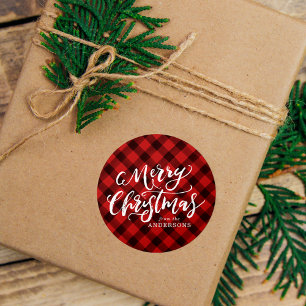 Adesivo Rústico Natal Feliz Script Xadrez Vermelho