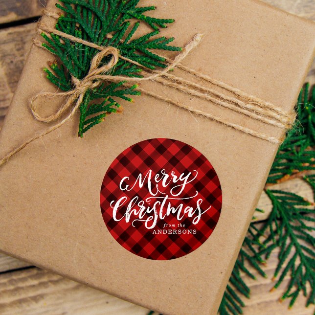 Adesivo Rústico Natal Feliz Script Xadrez Vermelho (Criador carregado)