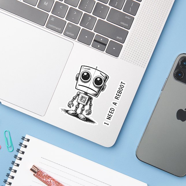Adesivo Sad Robot - Preciso De Uma Reinicialização (Notebook com iPhone)