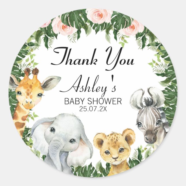 Adesivo Safari Floral Foliage Chá de fraldas Favor Sticker (Frente)