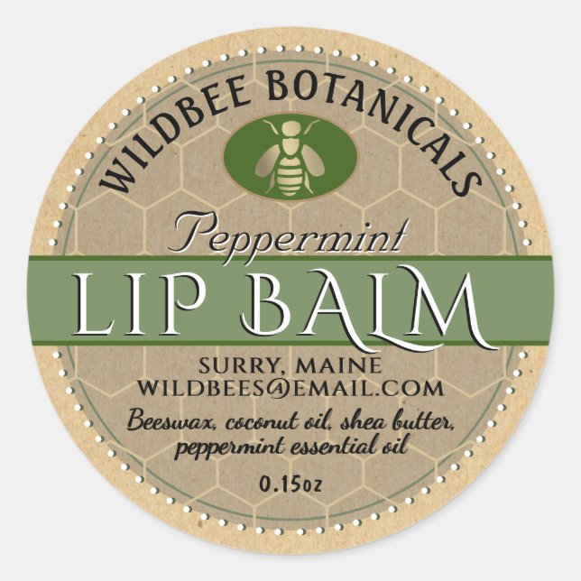 Adesivo Sage em Kraft Beeswax Lip Balm com Borda Pontilhad (Frente)
