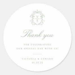 Adesivo Sage Green Crest Monograma Casamento Obrigado