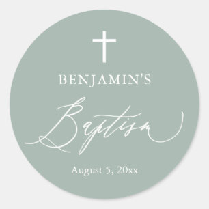 Adesivo Sage Green Cross Boy Baptism Round Sticker