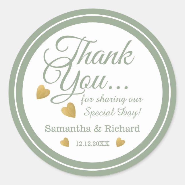 Adesivo Sage Green Dourado Heart Wedding Obrigado Favor (Frente)
