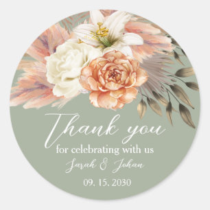 Adesivo Sage Green e Peach Floral Weding Obrigado