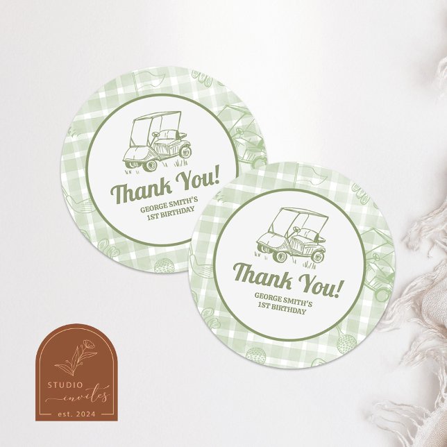 Adesivo Sage Green Gingham Golf Birthday Thank You Sticker (Criador carregado)