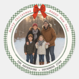 Adesivo Sage Green Gingham Plaid Circle Photo Christmas
