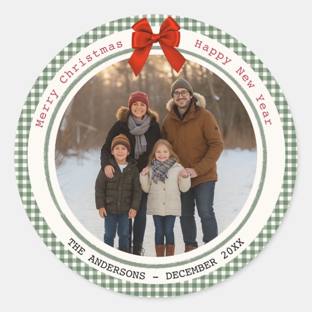 Adesivo Sage Green Gingham Plaid Circle Photo Christmas (Frente)