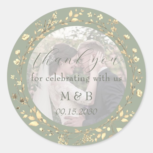 Adesivo Sage Green Gold Floral Photo Wedding Thank You (Frente)
