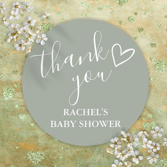 Adesivo Sage Green Neutral Script de Chá de fraldas Obriga (Sage Green Neutral Baby Shower Script Thank You Classic Round Sticker)