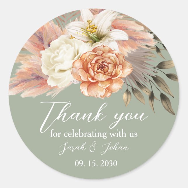 Adesivo Sage Green Peach Floral Weding Obrigado Sticker (Frente)