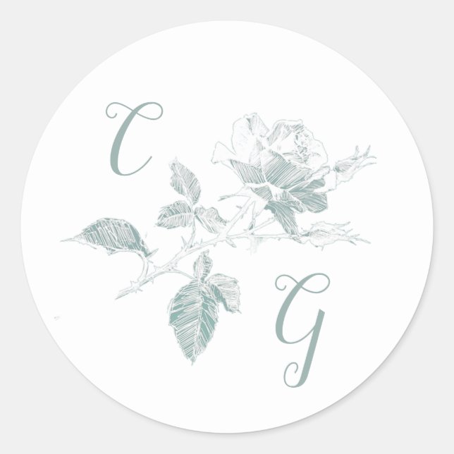 Adesivo Sage Green Rose Line Art Monogram Wedding (Frente)