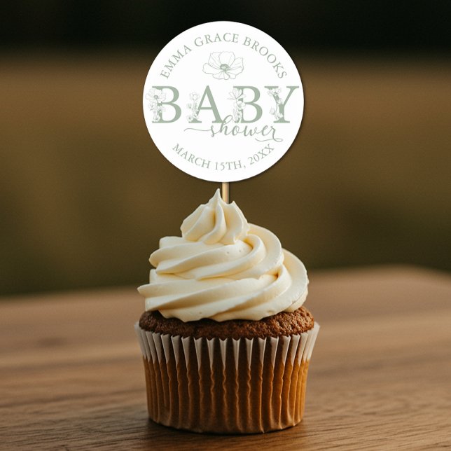Adesivo Sage Green Wildflower Baby Shower (Baby Shower Favor Sticker)