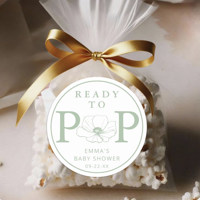 Adesivo Sage Verde de Flores Silvestres Pronto para a Fest (Ready To Pop - Sage Green Baby Shower Sticker)