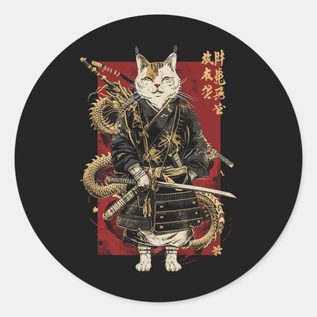 Adesivo Samurai Cat Com Dragão Japonês Kanji (Frente)