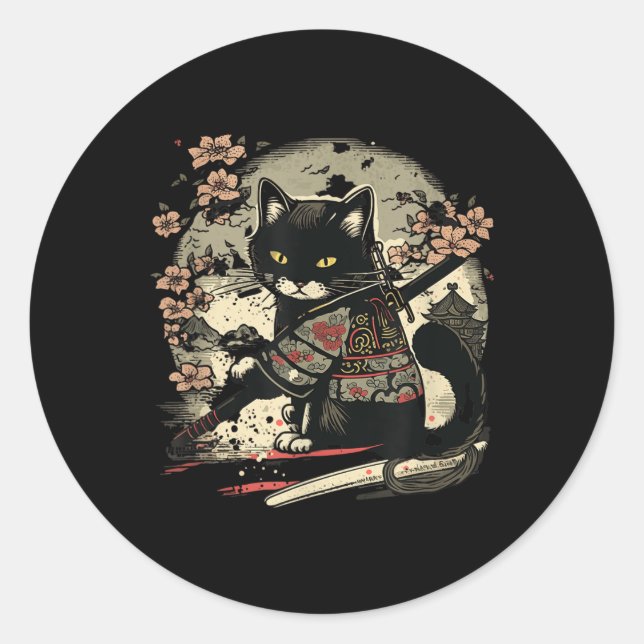 Adesivo Samurai Cat Tattoo, Vintage Kawaii Ninja (Frente)