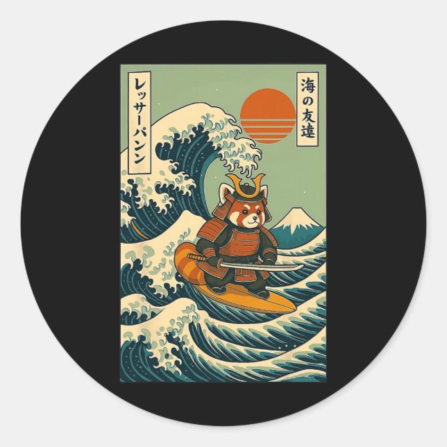 Adesivo Samurai Panda Vermelho Surfando Onda Japonesa  (Frente)