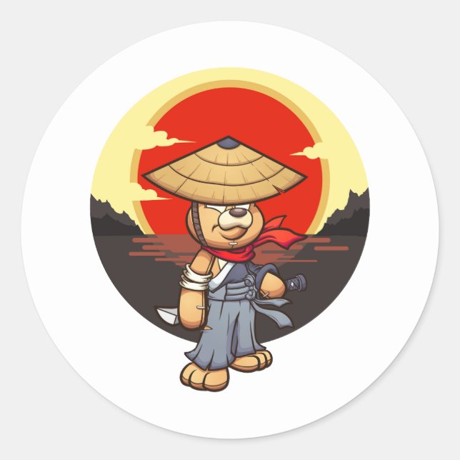 Adesivo samurai teddy bear personagem com pôr do sol (Frente)